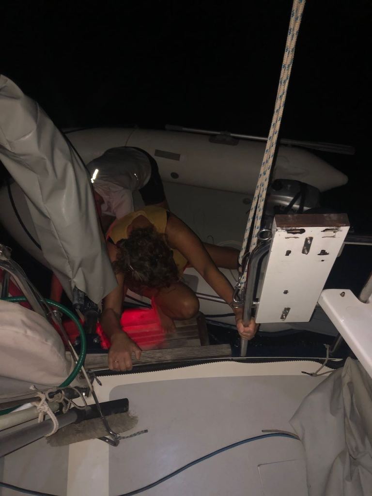 René taking us back to Altimate after a nice evening on their boat and me climbing into their rib in a not very elegant way